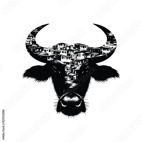 silhouette of water buffalo, filled with ghetto street in rough drawing,