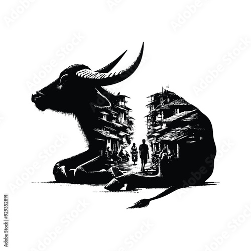 silhouette of water buffalo, filled with ghetto street in rough drawing,