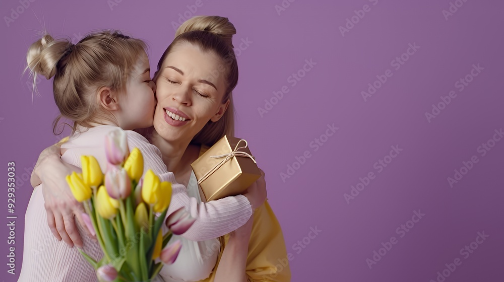 A joyful moment between a mother and daughter, celebrating with flowers and a gift. A joyful moment between a mother and daughter, celebrating with flowers and a gift.