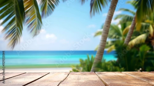 Empty wooden table top with blurred beach ocean sea tropical background, suitable for product presentation backdrop, display, mock up