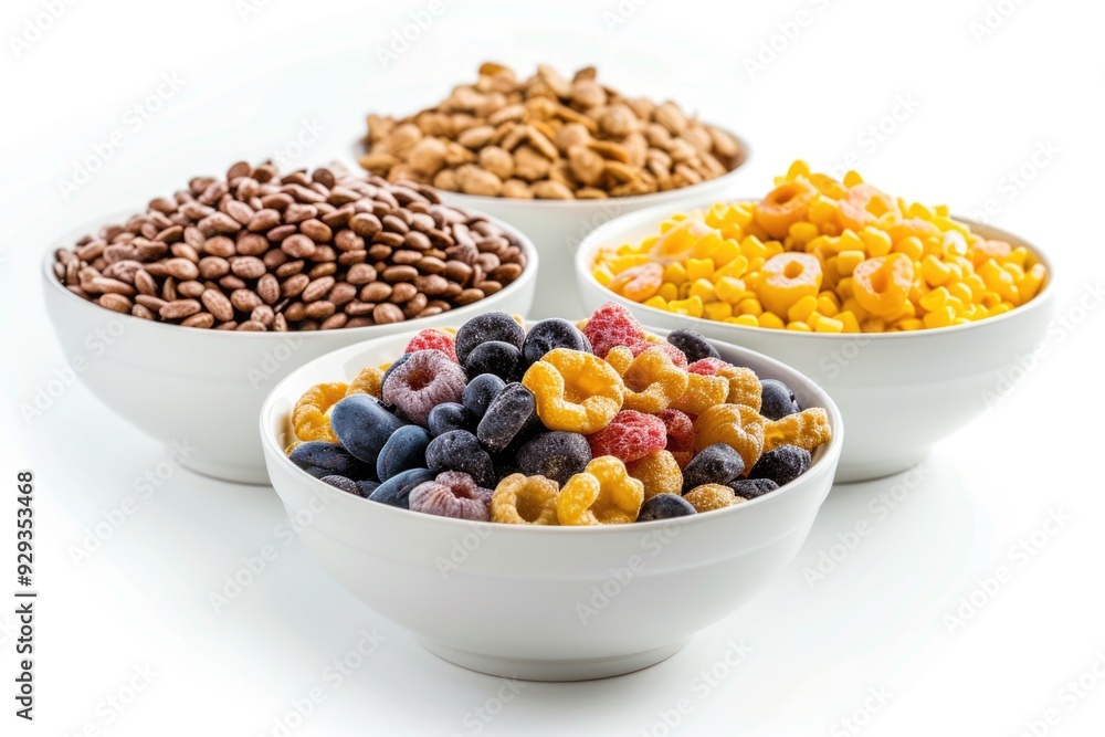 Three colorful bowls filled with mixed cereals, fresh berries, corn, and nuts for a nutritious breakfast Three colorful bowls filled with mixed cereals, fresh berries, corn, and nuts for a nutritious breakfast