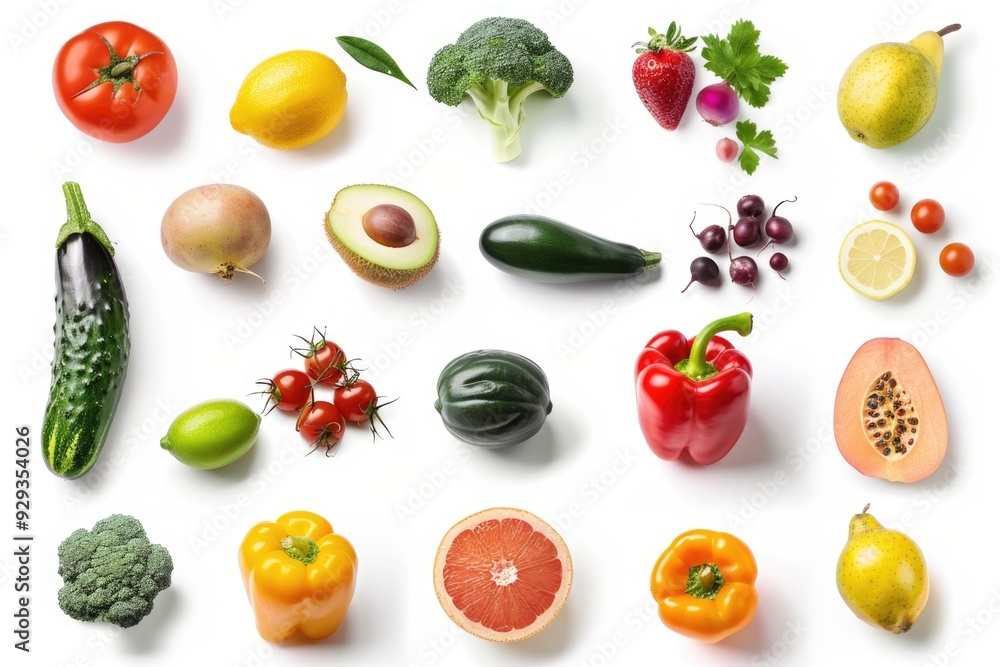 A colorful arrangement of various fruits and vegetables on a white background A colorful arrangement of various fruits and vegetables on a white background