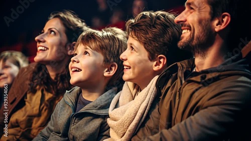 A joyful evening unfolds as families watch an engaging performance, captivated by the moments shared and laughter echoing through the warm theater atmosphere