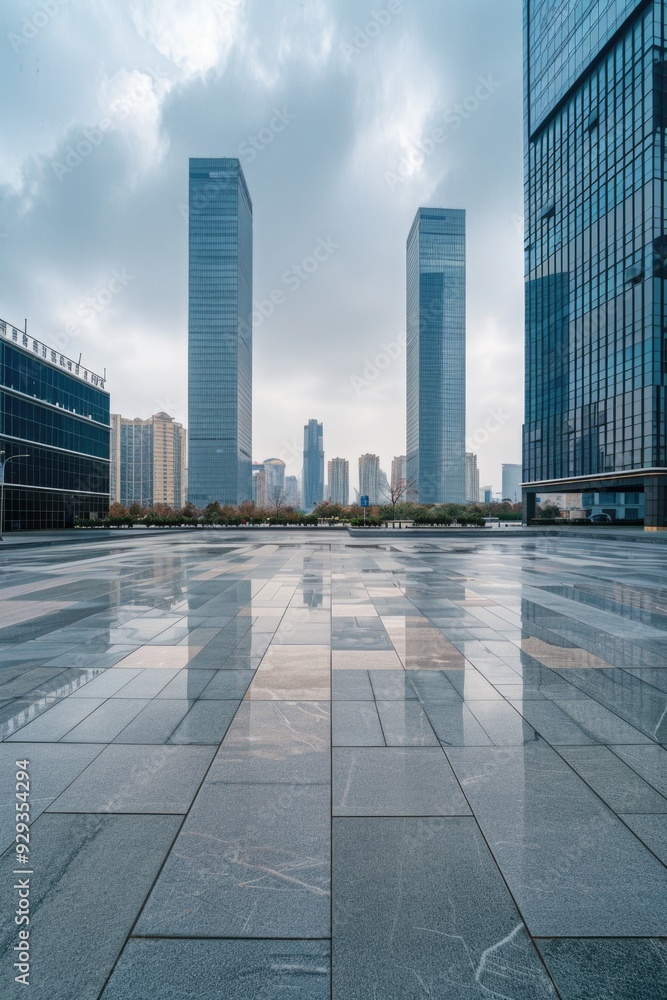 Urban landscape with tall skyscrapers, ideal for use in presentations about business or finance Urban landscape with tall skyscrapers, ideal for use in presentations about business or finance