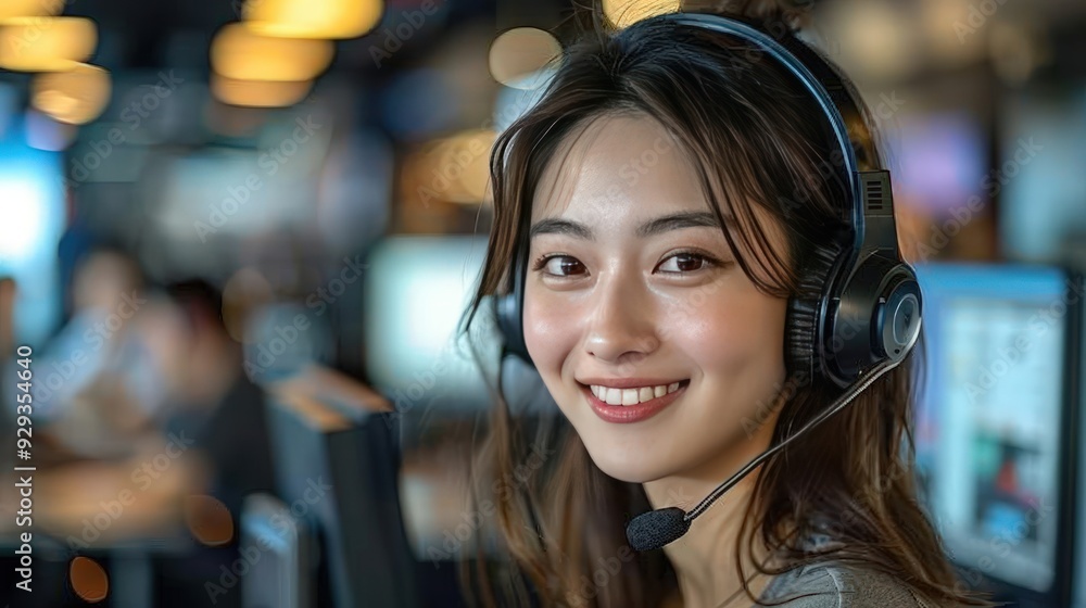 Smiling Customer Service Representative Wearing Headset. Smiling Customer Service Representative Wearing Headset.