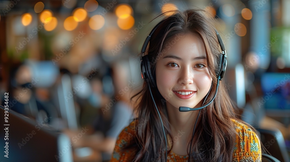 Smiling Customer Service Representative Wearing Headset. Smiling Customer Service Representative Wearing Headset.