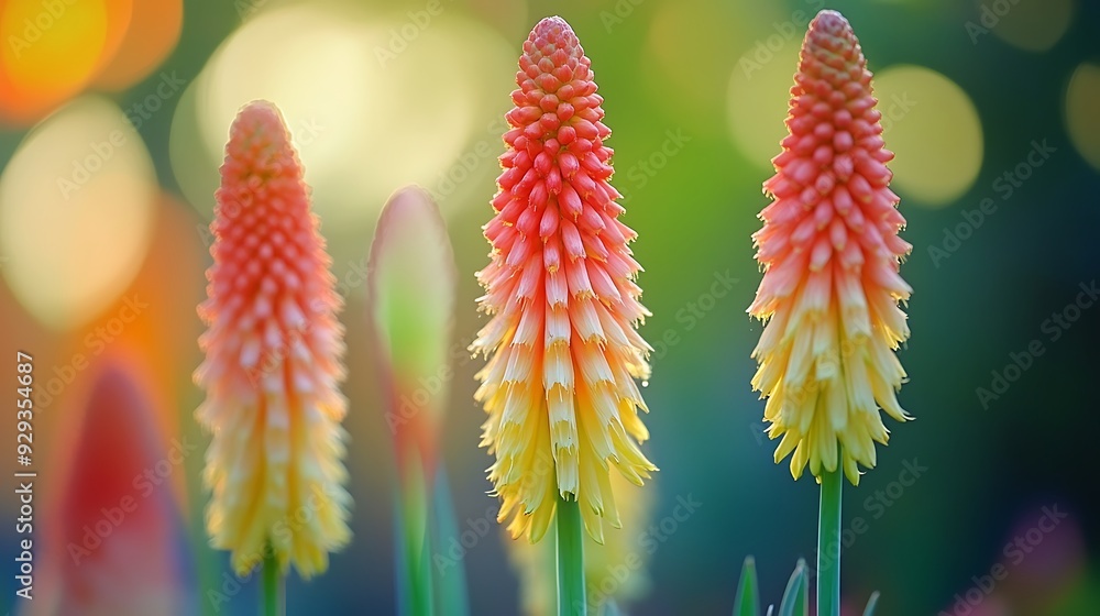 Three red and yellow flowers with green stems and blurred background.