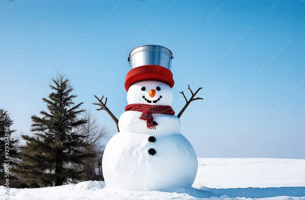 Obraz premium Snowman with a smile and a bucket on his head