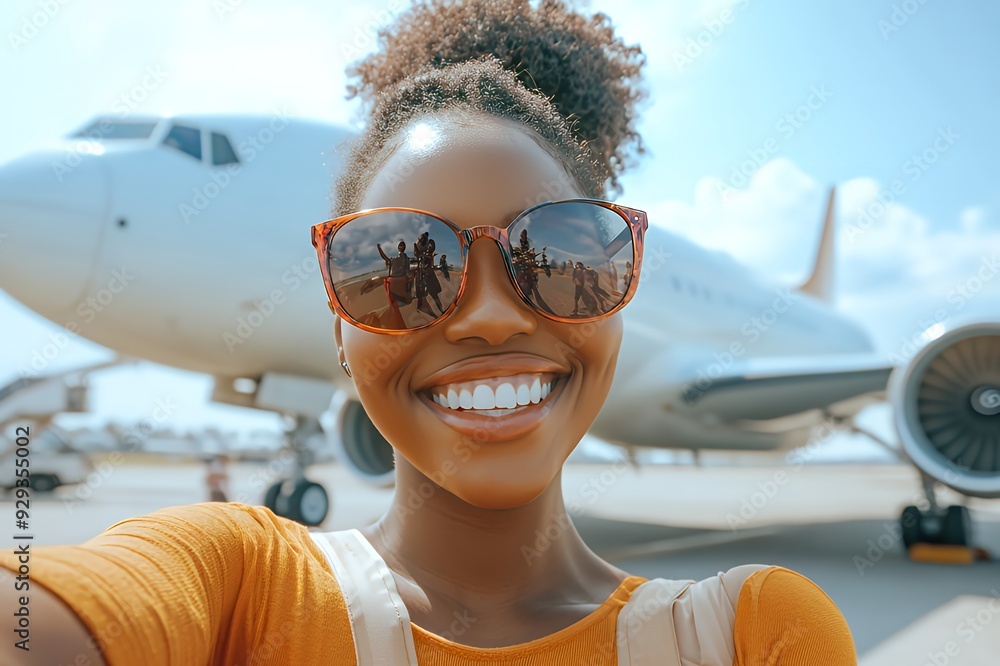 A joyful traveler taking a selfie in front of an airplane on a sunny day. A joyful traveler taking a selfie in front of an airplane on a sunny day.