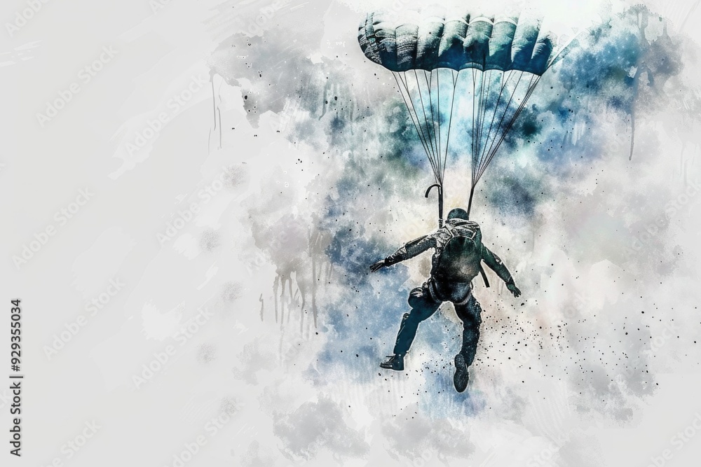 Fototapeta premium A person jumping out of an airplane with a parachute deployed, free falling towards the ground