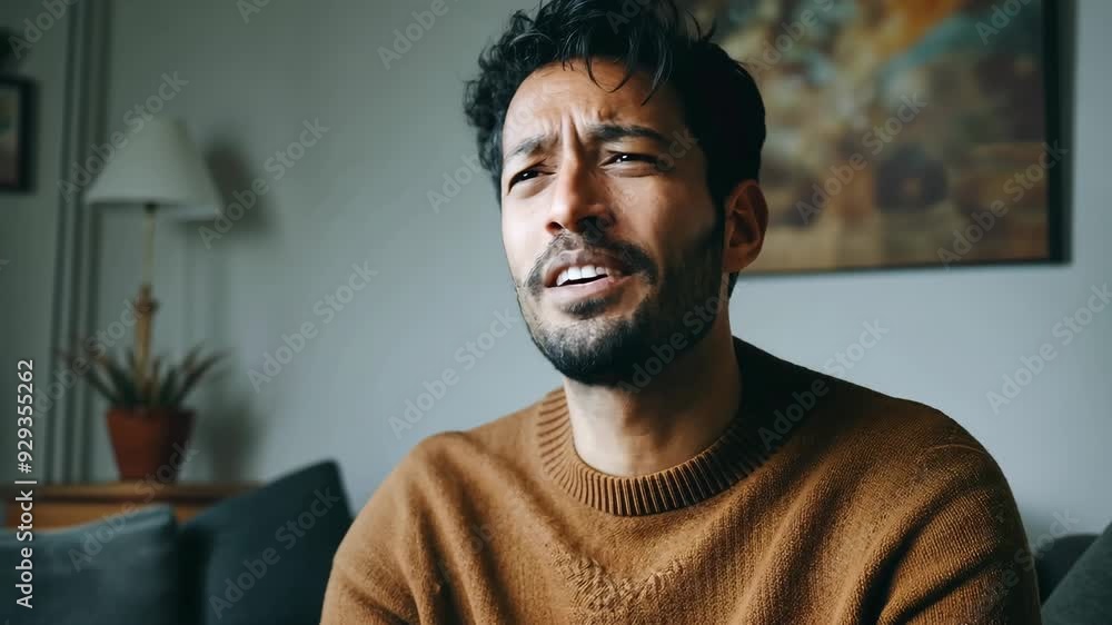 A man with a pained expression runs his hands through his hair, trying to cope with overwhelming stress in a warm living space A man with a pained expression runs his hands through his hair, trying to cope with overwhelming stress in a warm living space