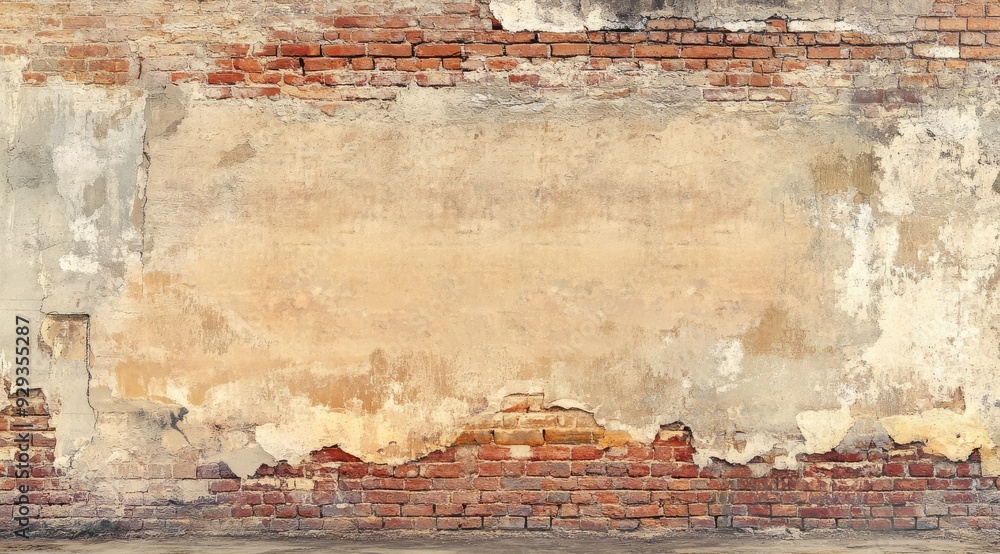 Obraz premium A weathered wall that displays peeling paint along with exposed brick, creating a unique surface that offers ample space for text or design elements, perfect for various artistic applications