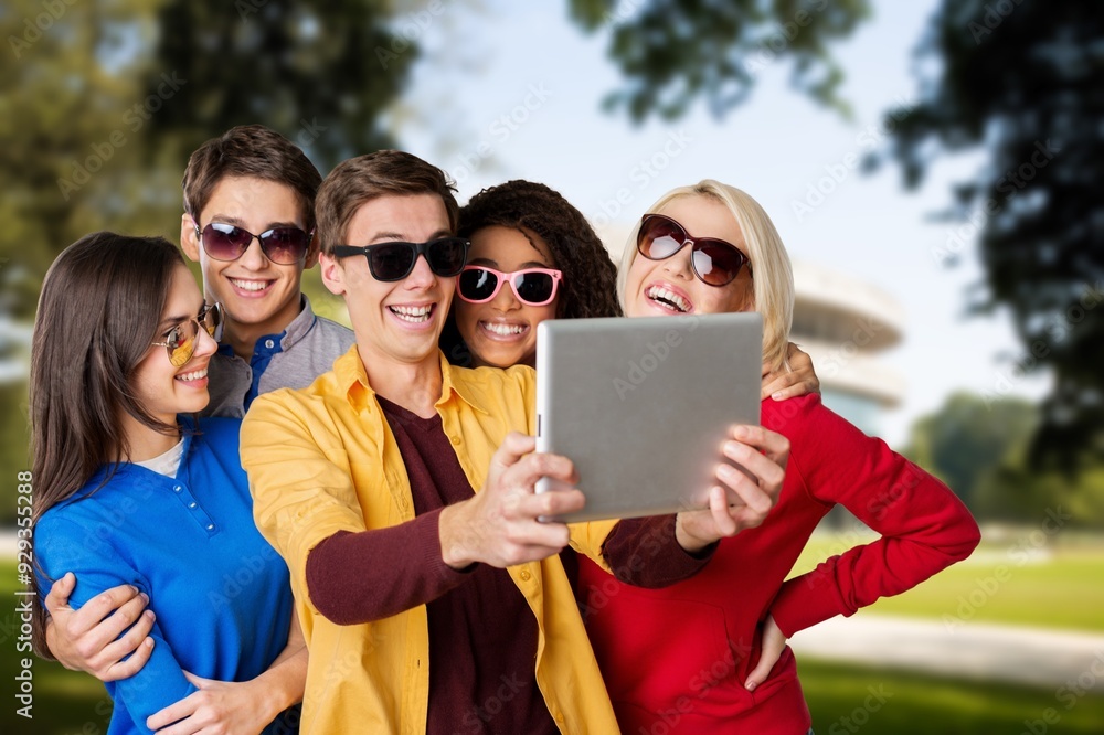 Fototapeta premium Walking, happy students at university together