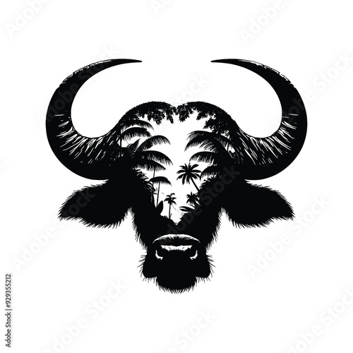 silhouette of water buffalo, filled with tropical plant in the jungle in rough drawing,