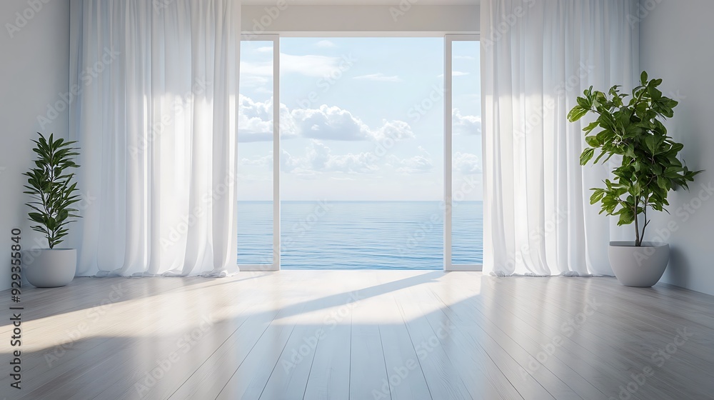 Bright, minimal room with ocean view and white curtains. Bright, minimal room with ocean view and white curtains.