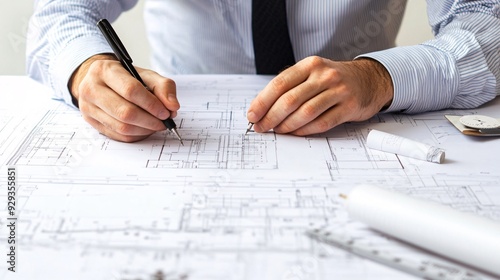 A professional drafter working on architectural blueprints with a light solid color background photo