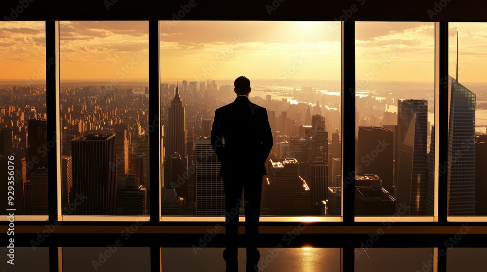 A businessman stands by the window, gazing at a stunning city skyline during sunset, symbolizing ambition and success. A businessman stands by the window, gazing at a stunning city skyline during sunset, symbolizing ambition and success.