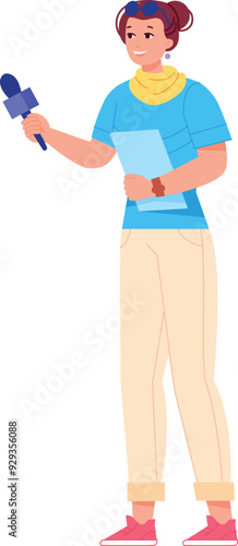Tv news reporter woman with microphone. Color character
