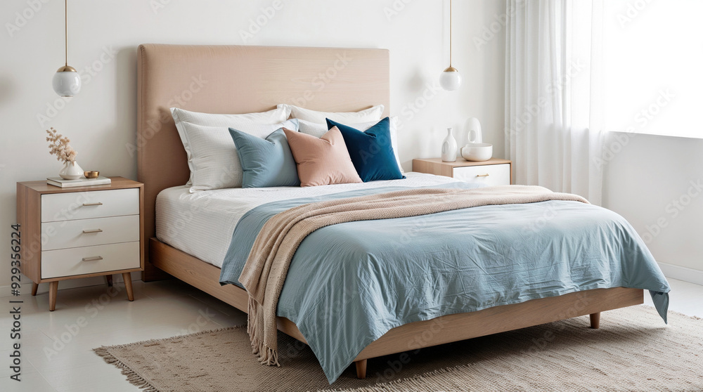 interior of modern, minimalist bedroom featuring beige upholstered bed with pastel blue and pink cushions, flanked by wooden nightstands