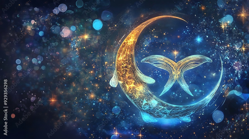 Fototapeta premium A crescent moon with a star in the center and a blue fish below.