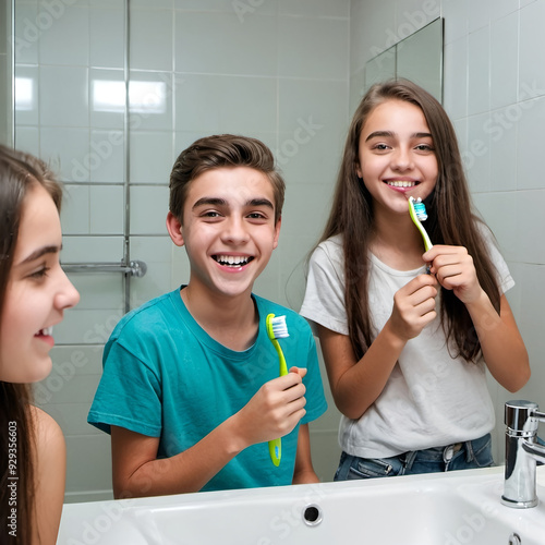 Jovens a lavar os dentes com alegria