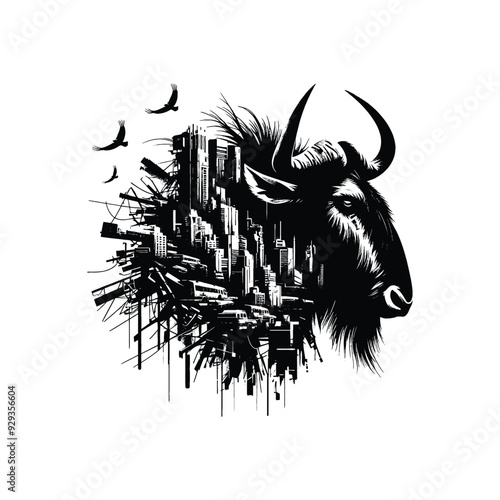 silhouette of Wildebeest, filled with destroyed futuristic dystopia environment in rough drawing,