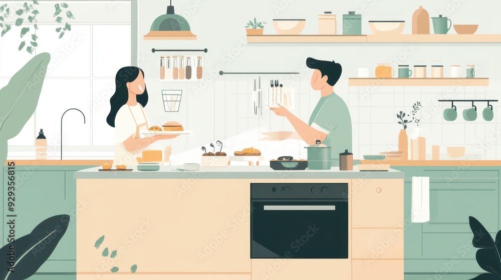 Fototapeta premium A couple shares a joyful moment preparing breakfast in their charming kitchen