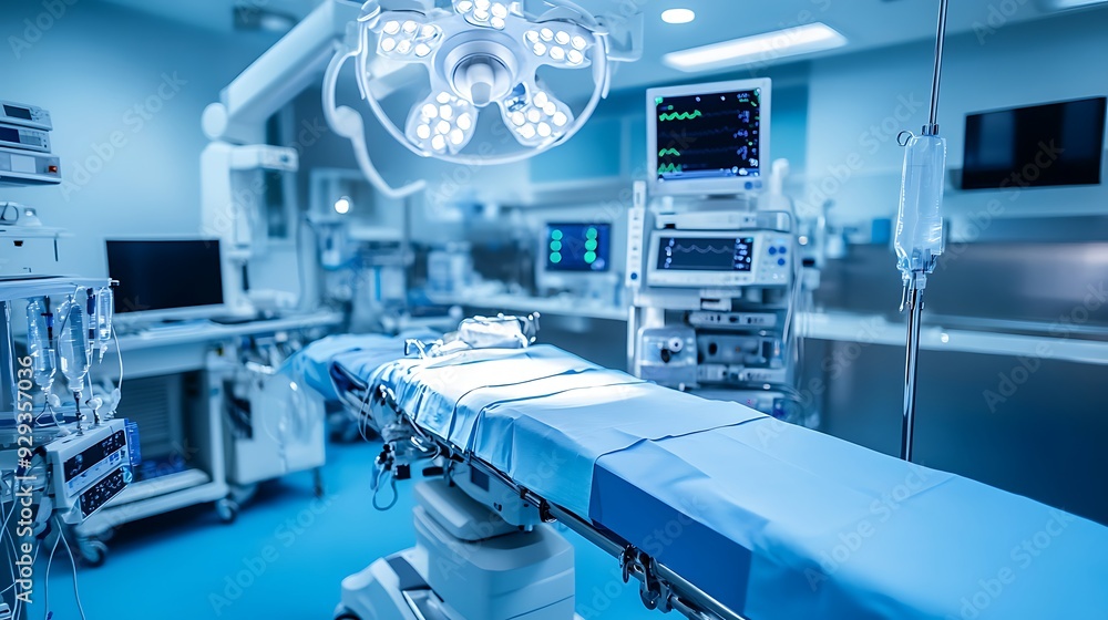 An empty operating room with a surgical table, medical equipment, and a bright operating lamp. An empty operating room with a surgical table, medical equipment, and a bright operating lamp.