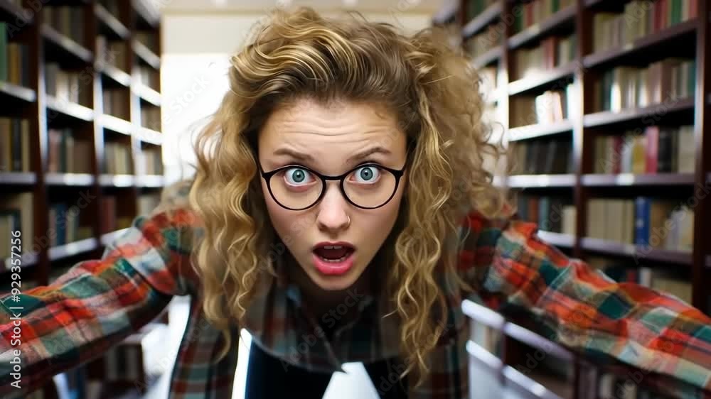 A curious student with glasses investigates the library's extensive collection, captivated by the endless shelves of books A curious student with glasses investigates the library's extensive collection, captivated by the endless shelves of books