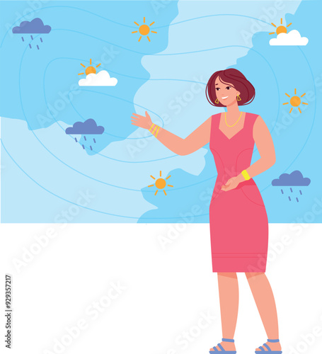 Female meteorologist on tv weather forecast show screen