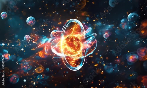 The graphic illustration on the black background shows the splitting of an isolated atom into smaller isotopes