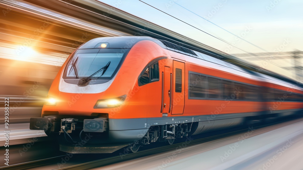 Naklejka premium A sleek orange train speeds through the station, showcasing modern transportation technology in motion.
