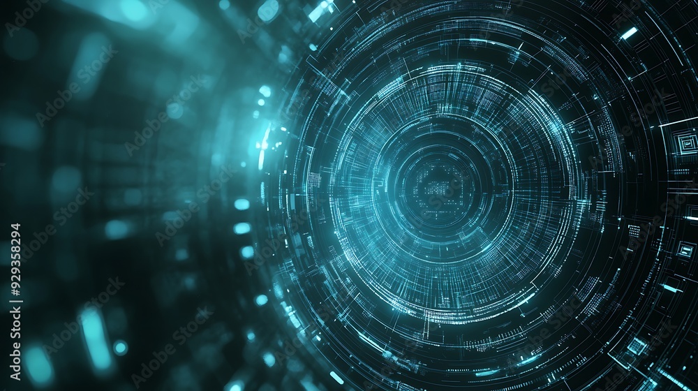 Abstract digital background with glowing cyan circles, lines and data. Abstract digital background with glowing cyan circles, lines and data.