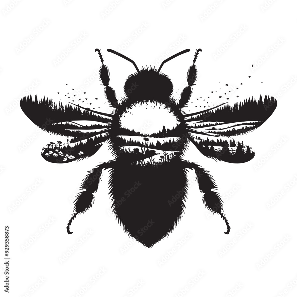 silhouette of Bee, filled with nature view in rough drawing, silhouette of Bee, filled with nature view in rough drawing,