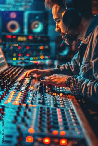 A music producer sits at his mixing desk wearing headphones, focused on his creative process photo