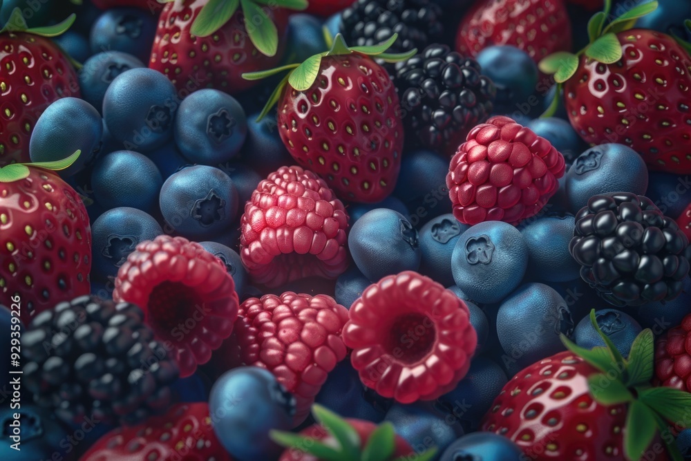A mix of blueberries and raspberries piled up A mix of blueberries and raspberries piled up