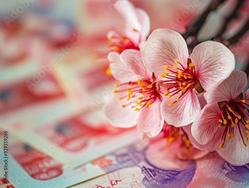 Spring flowers blooming from a pile of banknotes, illustrating the blossoming of wealth and prosperity photo