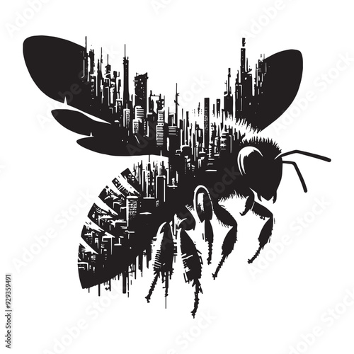 silhouette of Bee flying, silhouette, filled with destroyed futuristic dystopia environment in rough drawing,