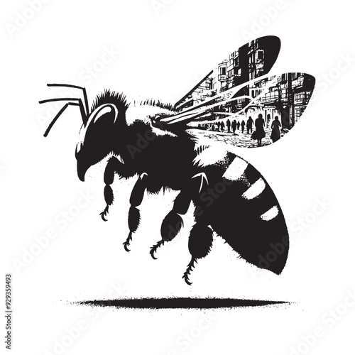 silhouette of Bee flying, silhouette, filled with ghetto street in rough drawing,