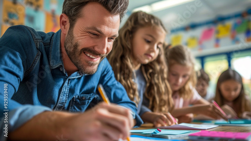 Kids have art class, drawing, painting with teacher in workshop.