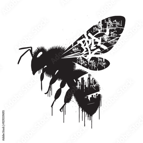 silhouette of Bee flying, silhouette, filled with graffiti street wall in rough drawing,
