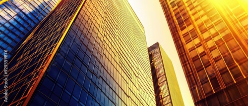 Dramatic view of modern skyscrapers reflecting sunlight in a vibrant cityscape, showcasing urban architecture and design. photo