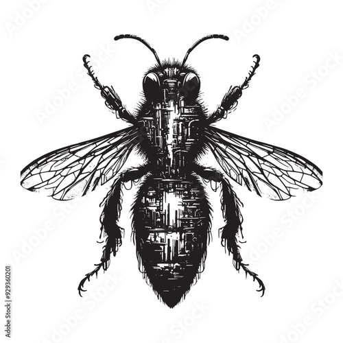silhouette of Bee front, silhouette, filled with destroyed futuristic dystopia environment in rough drawing,