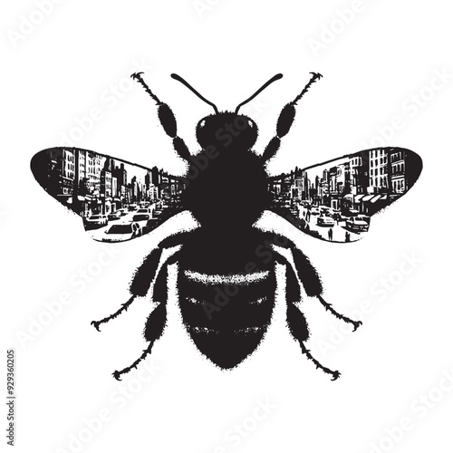 silhouette of Bee front, silhouette, filled with ghetto street in rough drawing,