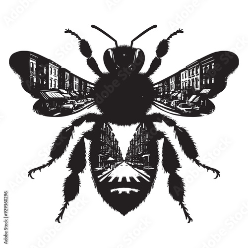 silhouette of Bee front, silhouette, filled with ghetto street in rough drawing,