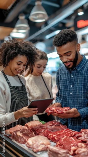 Shoppers are selecting premium meat cuts while discussing options in a market setting
