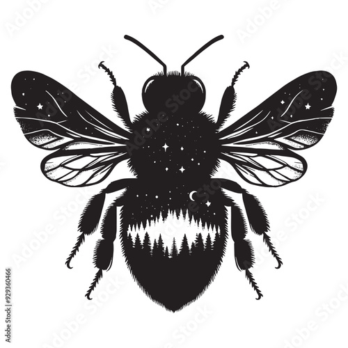 silhouette of Bee front, silhouette, filled with nature night view in rough drawing,