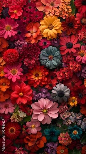 Vibrant mix of red, orange and pink flowers with dark green background. Top view