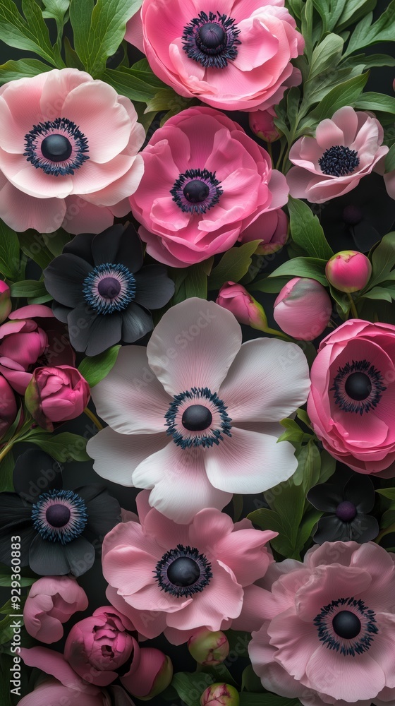 Pink and white flowers with green leaves on dark background - detailed floral arrangement Pink and white flowers with green leaves on dark background - detailed floral arrangement