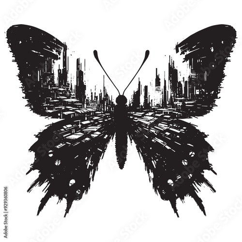 silhouette of Butterfly, filled with destroyed futuristic dystopia environment in rough drawing,